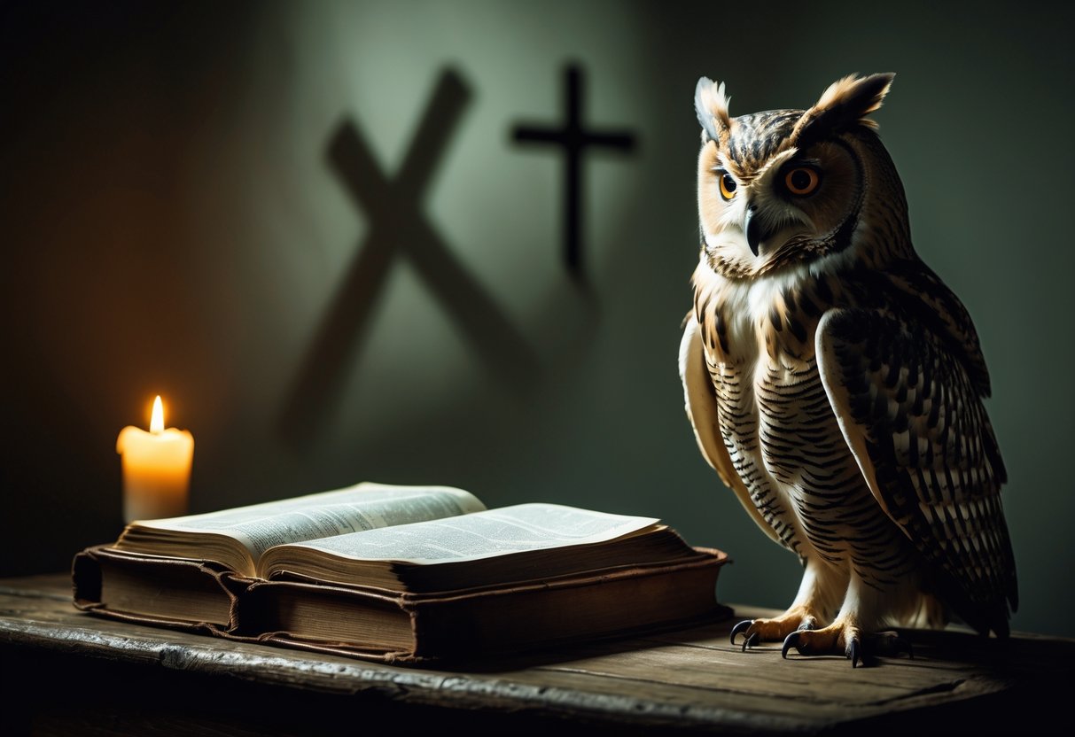 An owl perched next to an open Bible on a wooden table lit by candlelight, with faint cross-shaped shadows in the background.