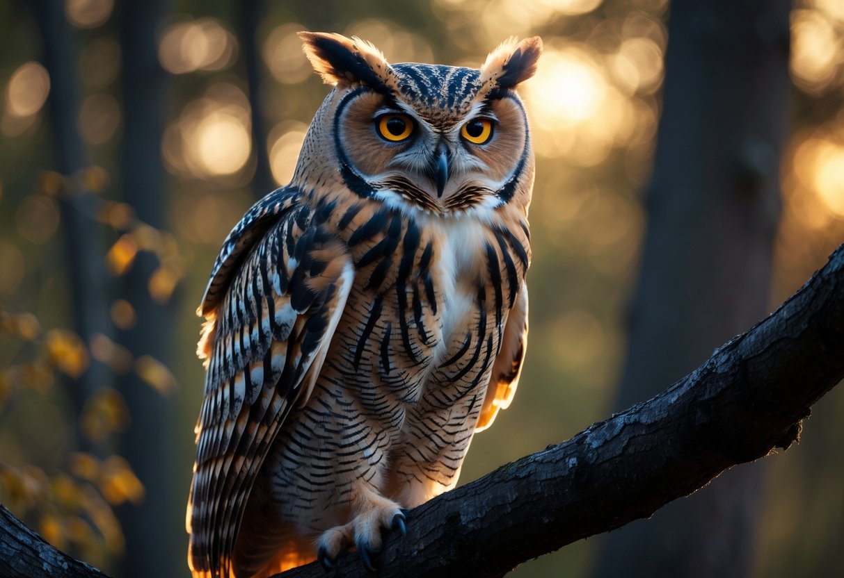 An owl perched on a tree branch in a forest at dusk with glowing yellow eyes.