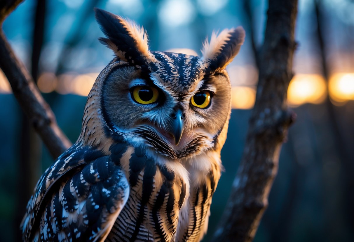 A close-up of an owl perched on a tree branch at dusk, looking directly ahead with intense eyes.