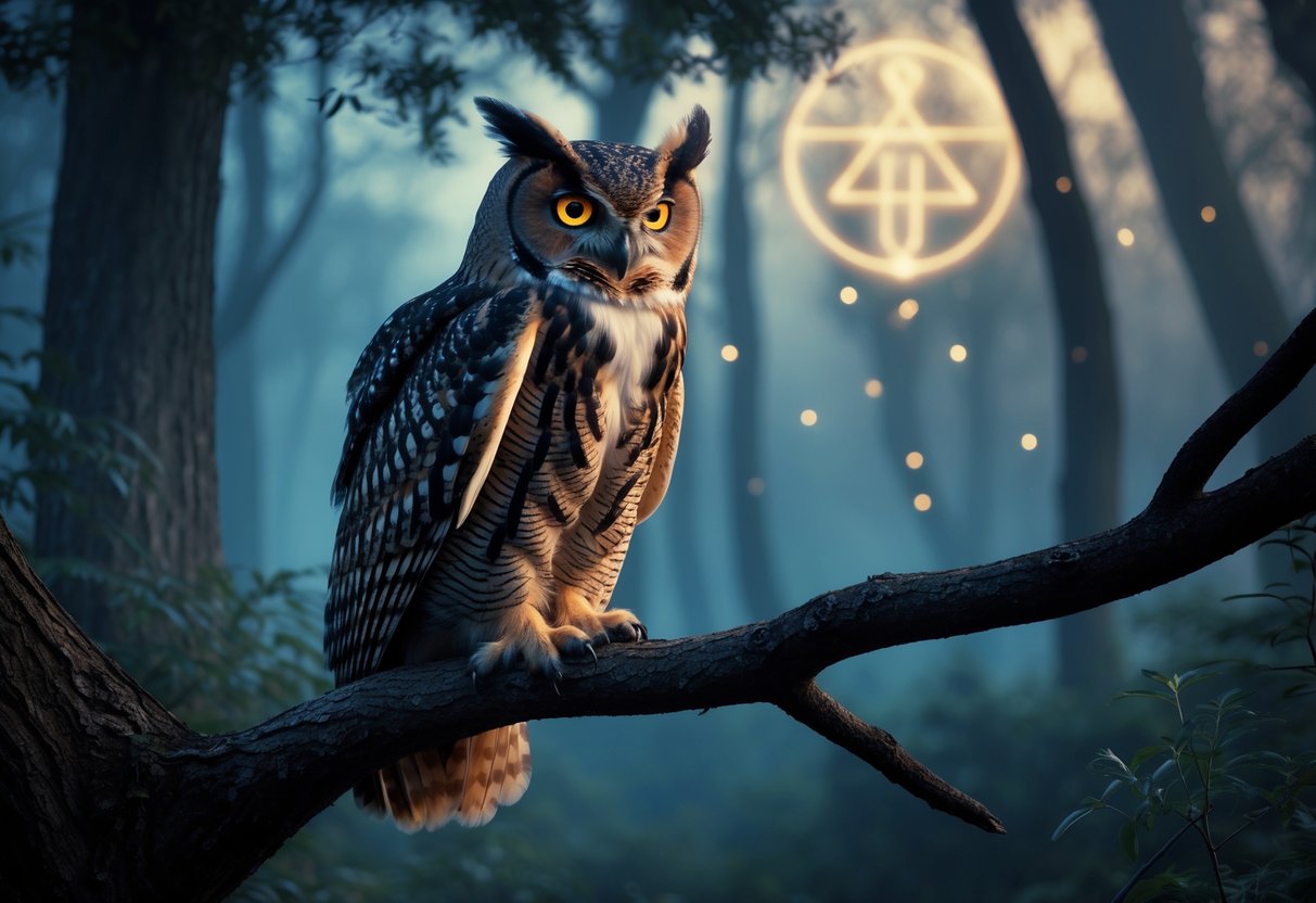A majestic owl perched on a tree branch in a misty forest at twilight, with glowing eyes and faint mystical lights around it.