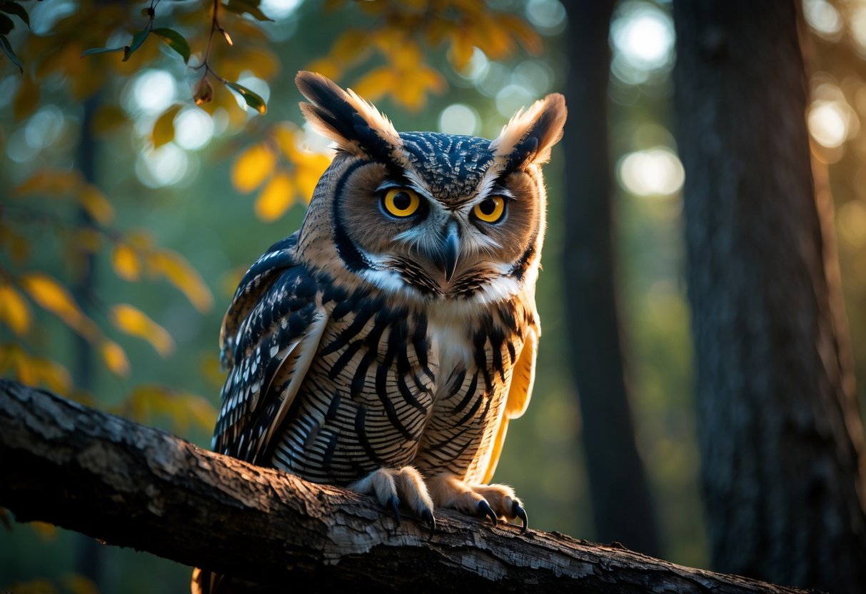 A large owl with bright yellow eyes perched on a tree branch in a forest at dusk, staring directly ahead.