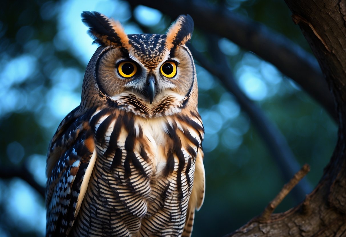 A close-up of an owl perched on a tree branch with bright eyes and detailed feathers against a blurred forest background.