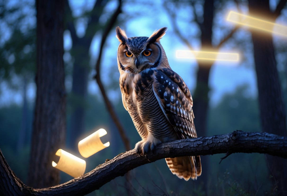 An owl perched on a tree branch in a calm forest at dusk with soft glowing light around it.