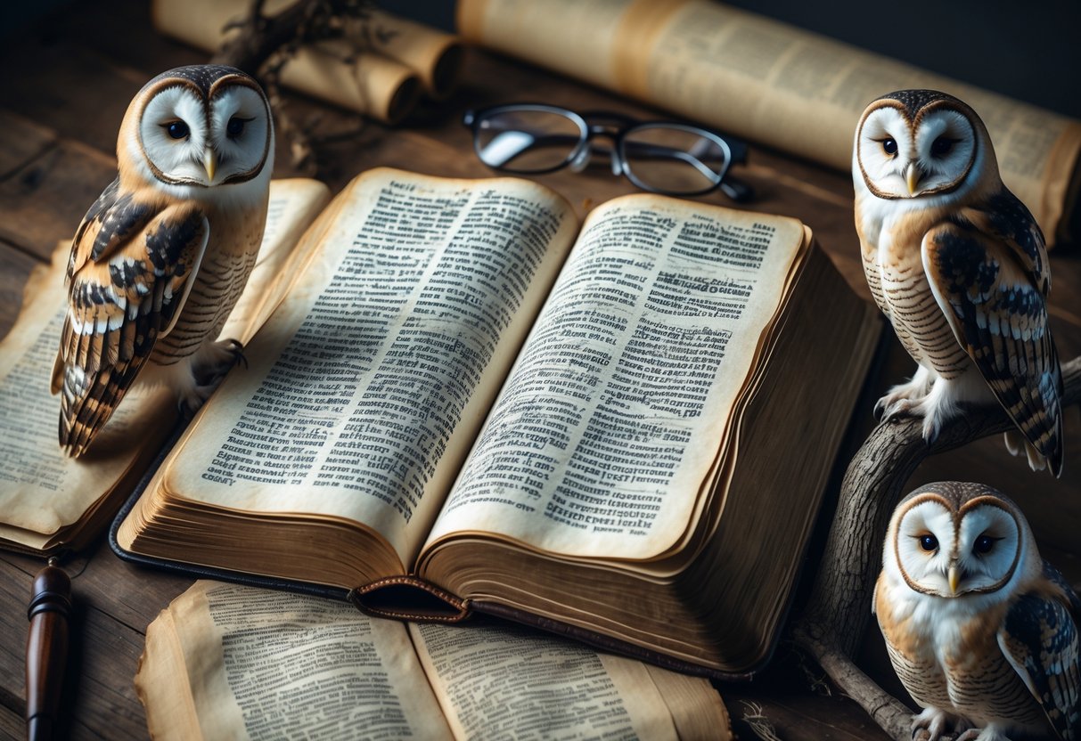 An open Bible on a wooden table surrounded by several owls perched on branches, with study materials like a quill pen and reading glasses nearby.