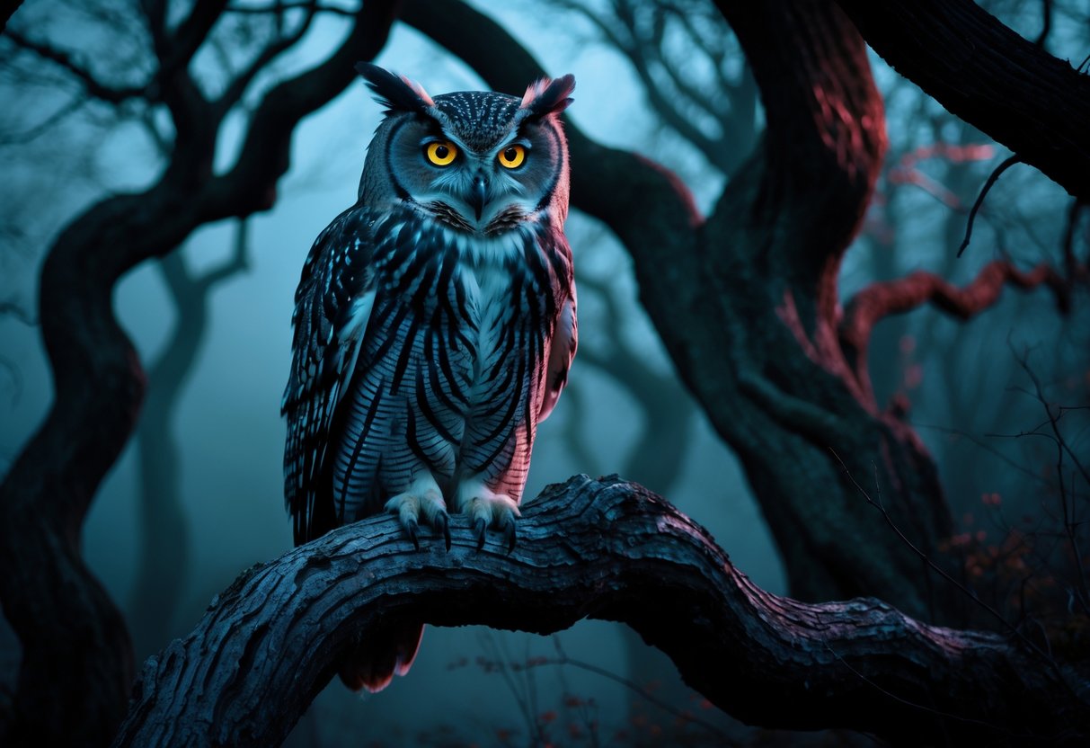 A close-up of an owl with glowing yellow eyes perched on a twisted branch in a dark, foggy forest at night.