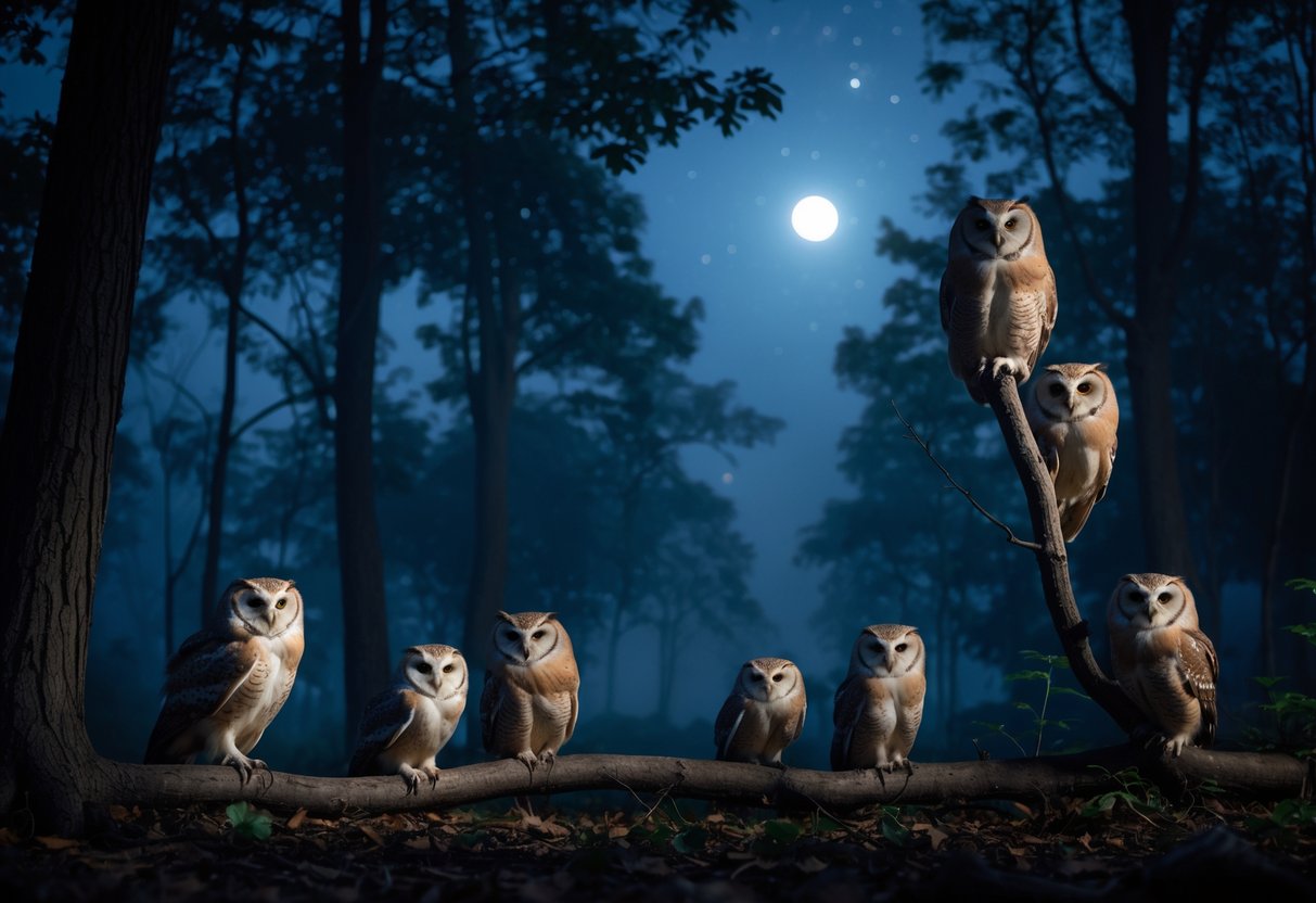 Several owls perched on tree branches in a calm, moonlit forest at night.