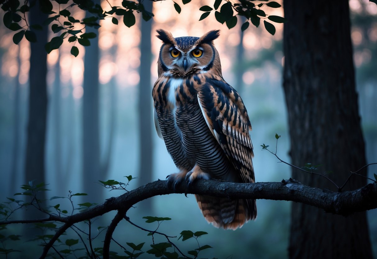 A majestic owl perched on a tree branch in a misty forest at twilight.