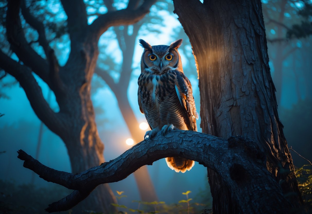 An owl sitting on a tree branch in a forest at twilight with soft glowing lights and fog around.