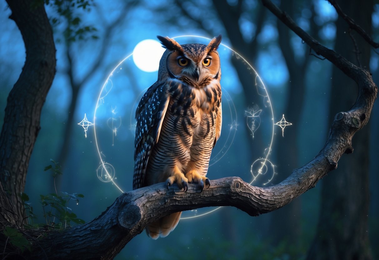 A majestic owl perched on a tree branch at twilight with a forest background and soft glowing light around it.