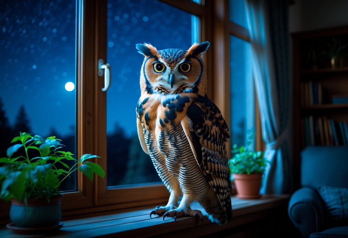 An owl perched on a windowsill inside a dimly lit living room at night.