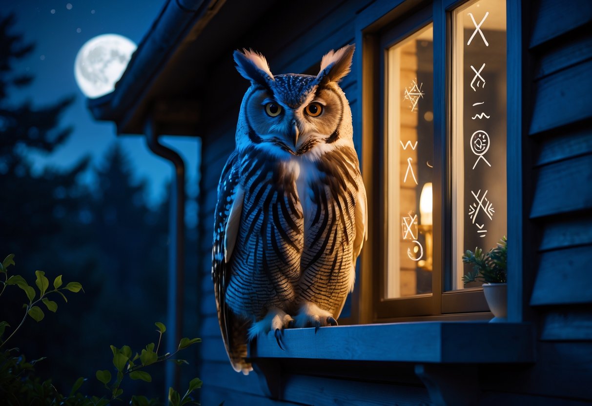 An owl perched on a windowsill of a warmly lit house at night, surrounded by trees under moonlight.