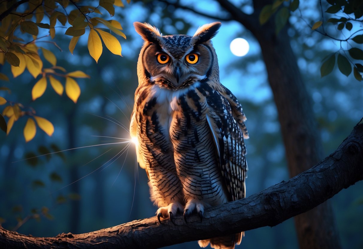 A majestic owl perched on a tree branch at twilight with glowing amber eyes and a softly blurred forest background.