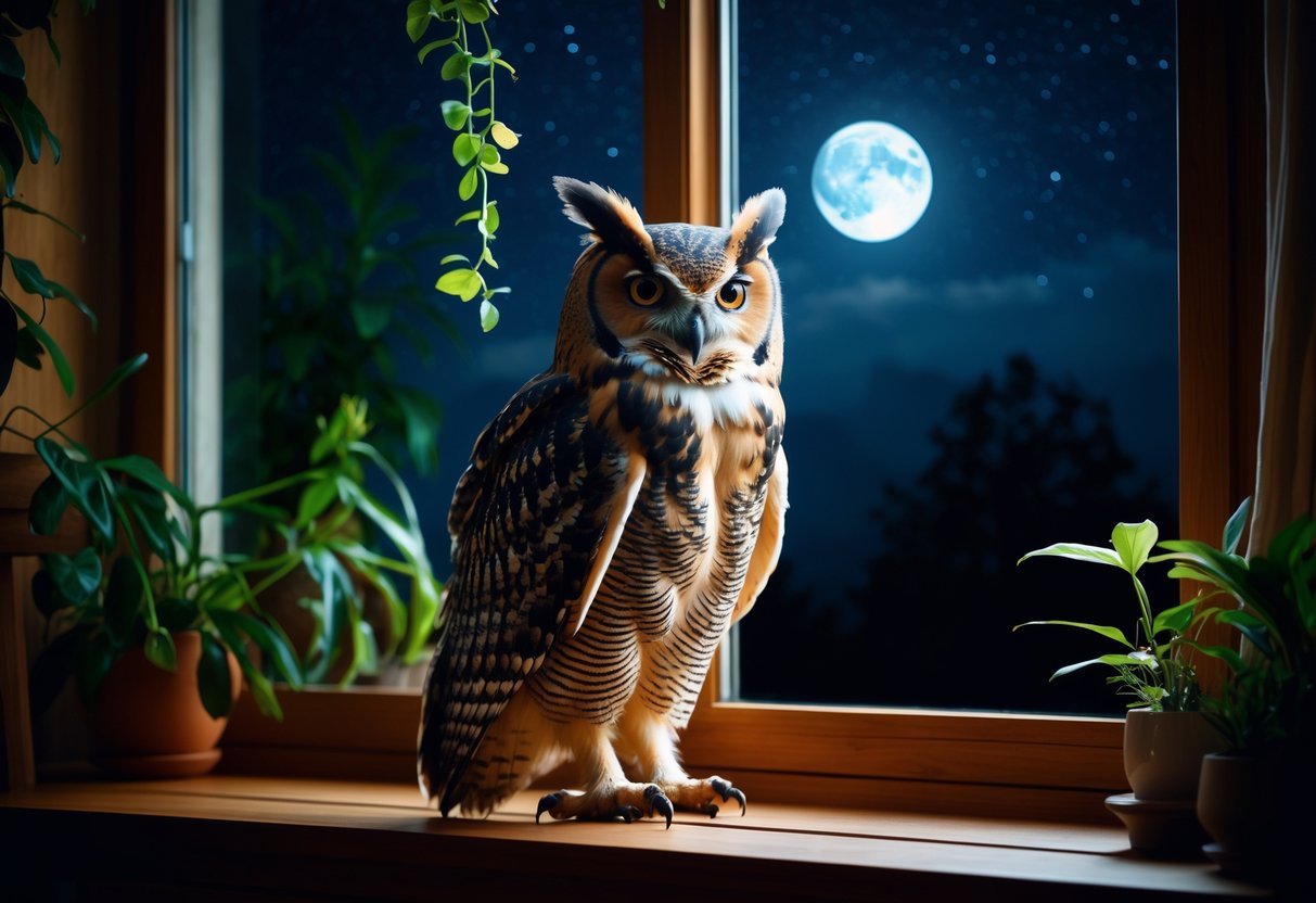 An owl perched on a window sill inside a cozy room at night, softly lit by moonlight with plants and furniture around.