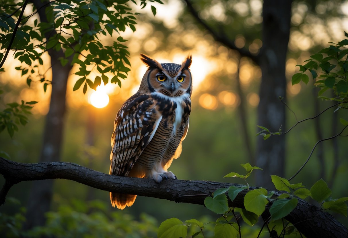 An owl perched on a tree branch in a peaceful forest at sunset.