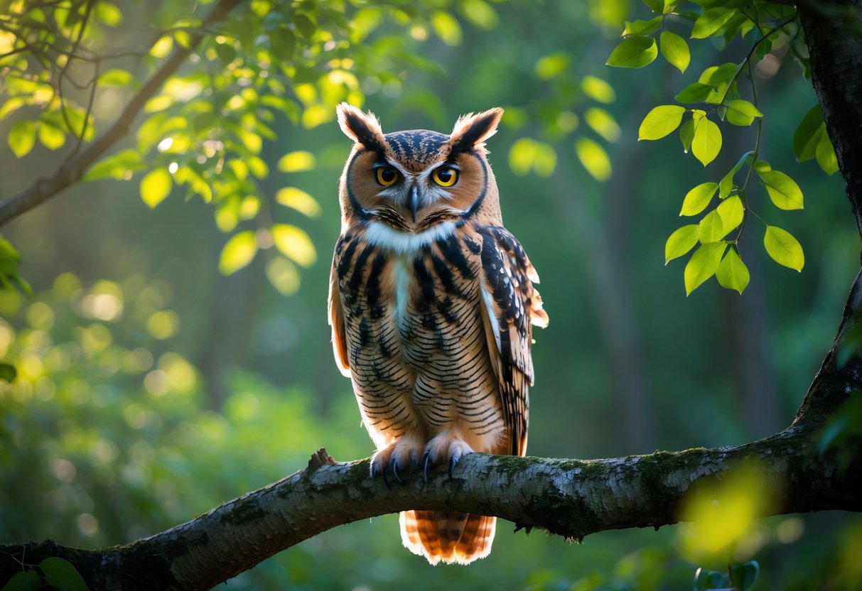 An owl perched on a tree branch in a green forest with sunlight filtering through the leaves.