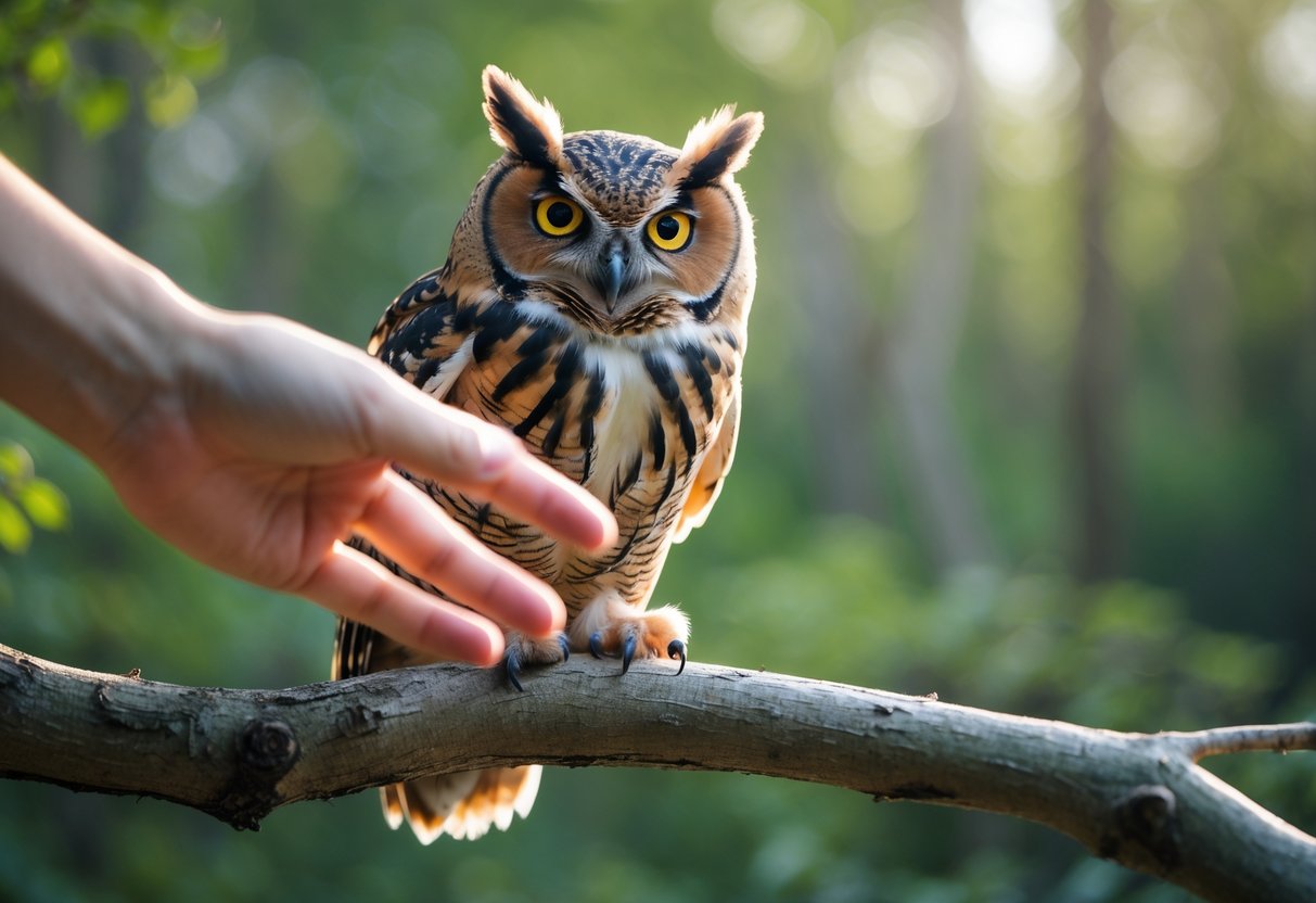 A person’s hand gently reaching toward an owl perched on a branch in a forest setting.
