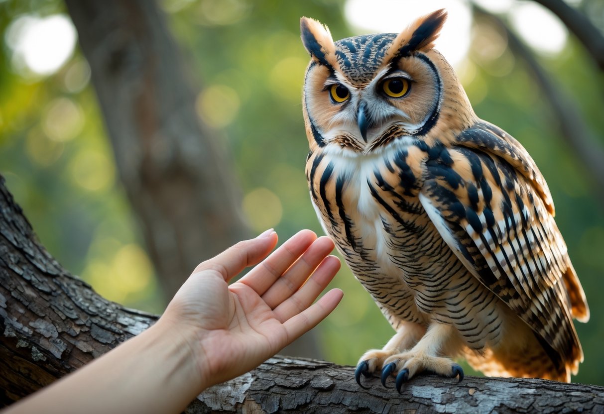 A person gently reaching out their hand toward a calm owl perched on a tree branch in a forest.