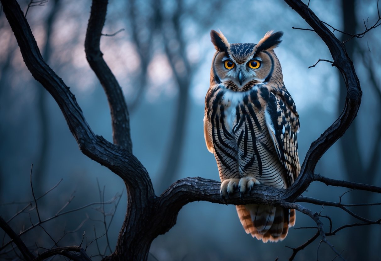 An owl perched on a bare tree branch at dusk in a misty forest.