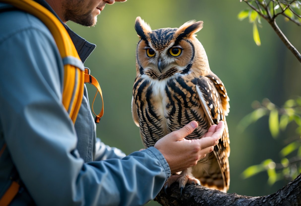 A person gently reaching out their hand toward a perched owl in a forest setting.