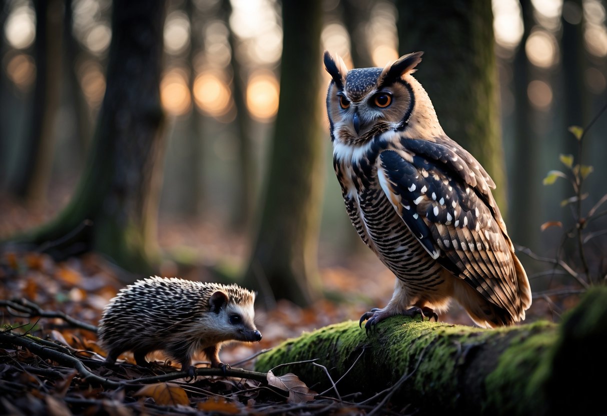 An owl perched on a branch looking down at a hedgehog walking on the forest floor among leaves.