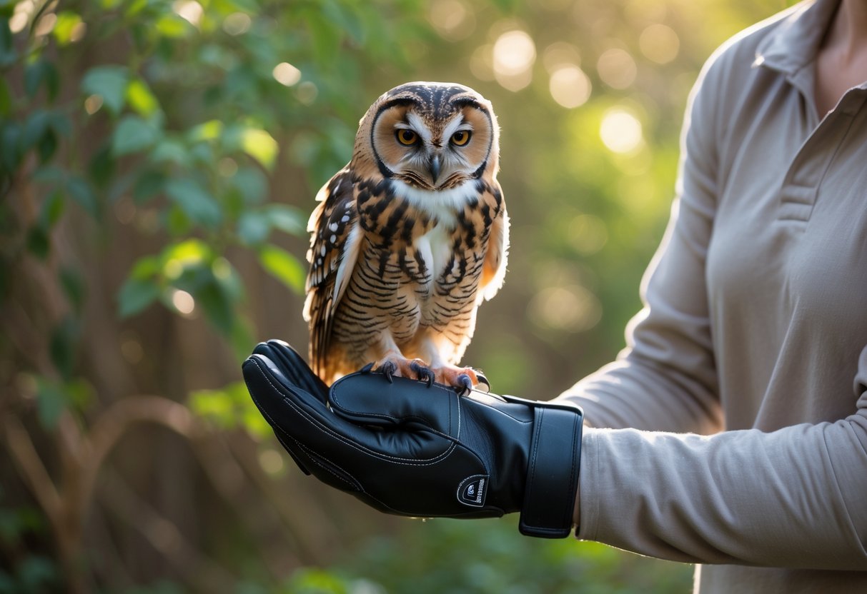A person gently holding a small owl on their gloved hand outdoors with green foliage in the background.