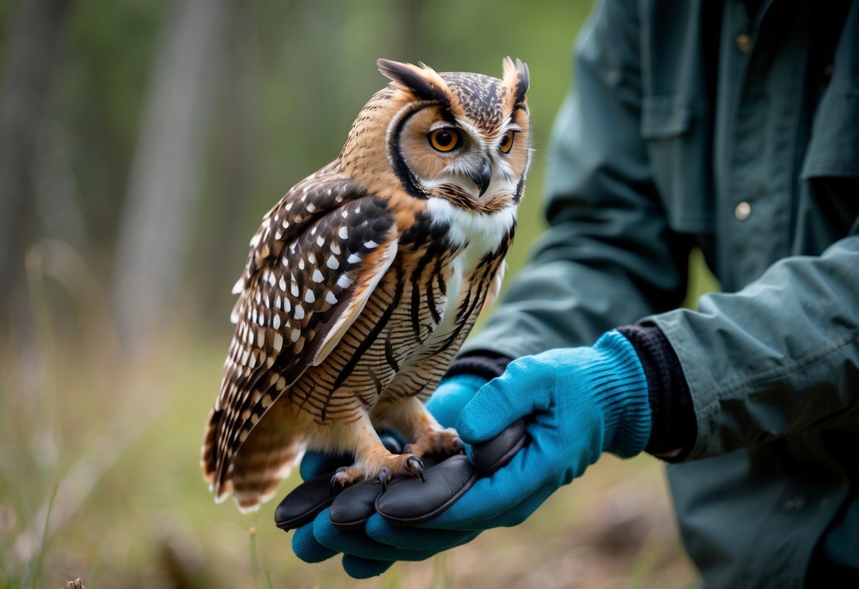 A person wearing gloves gently holding a calm owl outdoors in a natural forest setting.