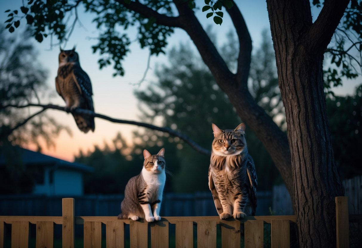 A cat sitting on a wooden fence with an owl perched on a nearby tree branch at dusk.