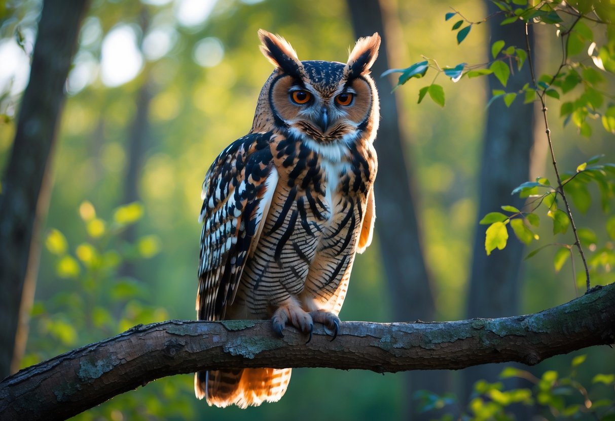 An owl perched on a tree branch in a forest with green leaves and sunlight filtering through.
