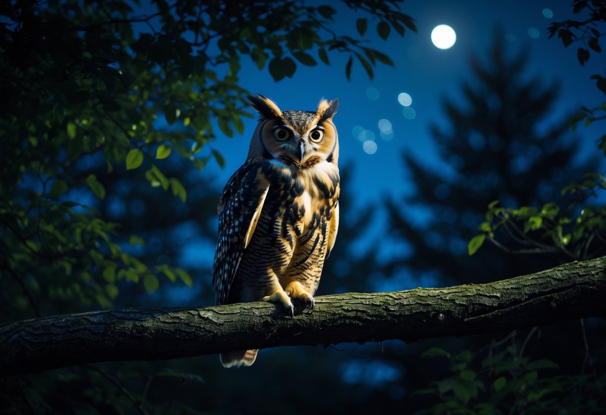 An owl perched on a tree branch at night with its beak open as if hooting, surrounded by trees and a starry sky.