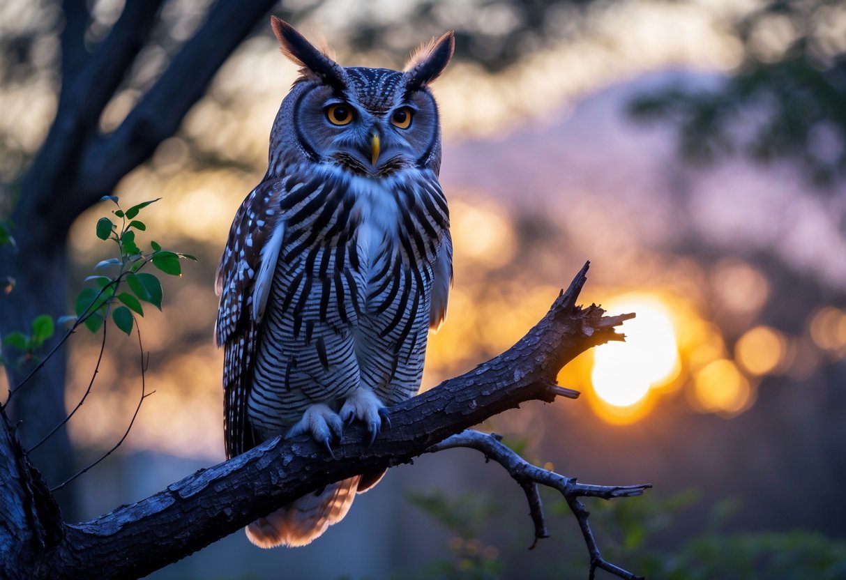 An owl perched on a tree branch at dusk, with its beak open as if making a hooting sound.