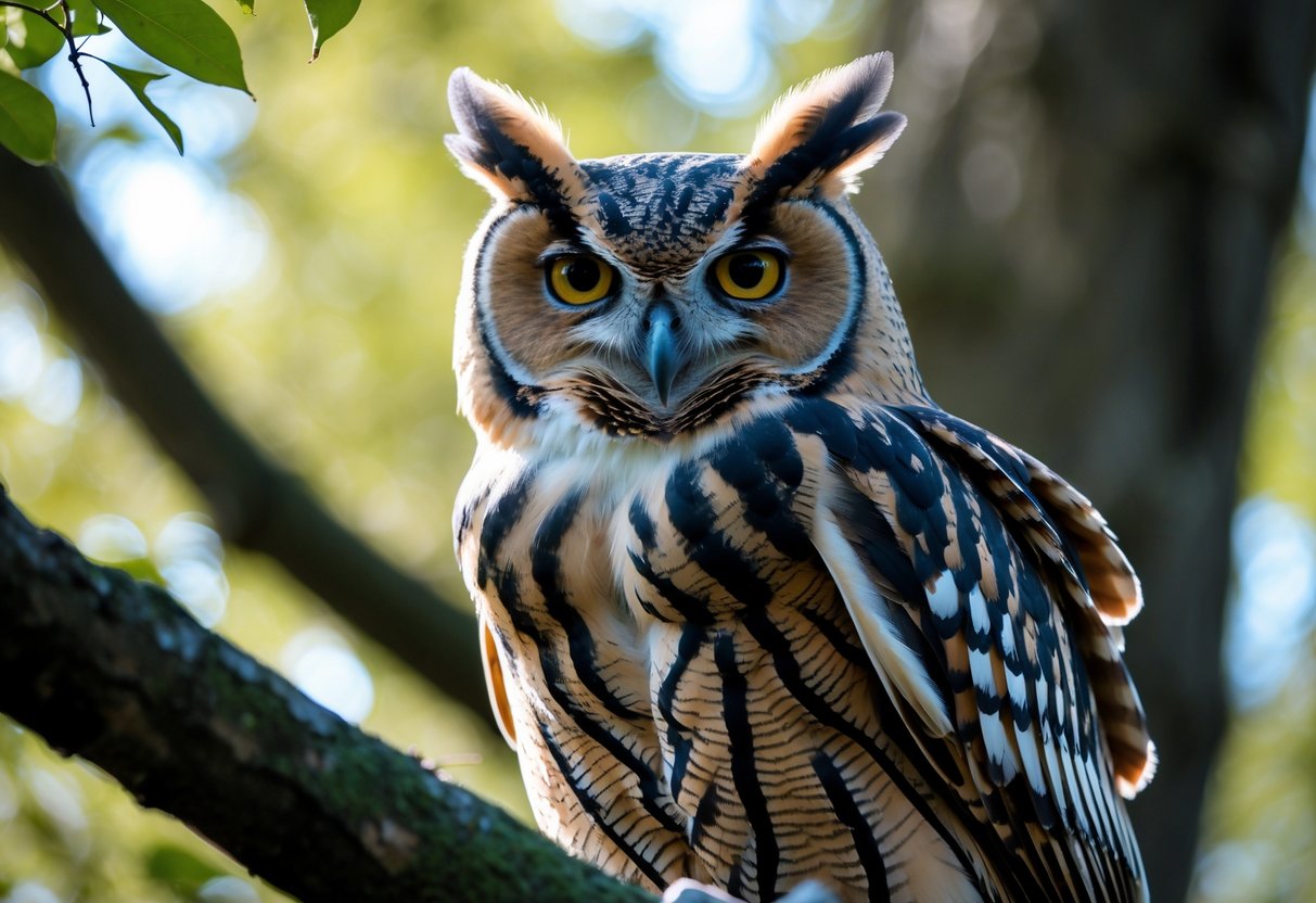 Close-up of an owl perched on a tree branch, staring directly ahead with intense eyes in a forest setting.