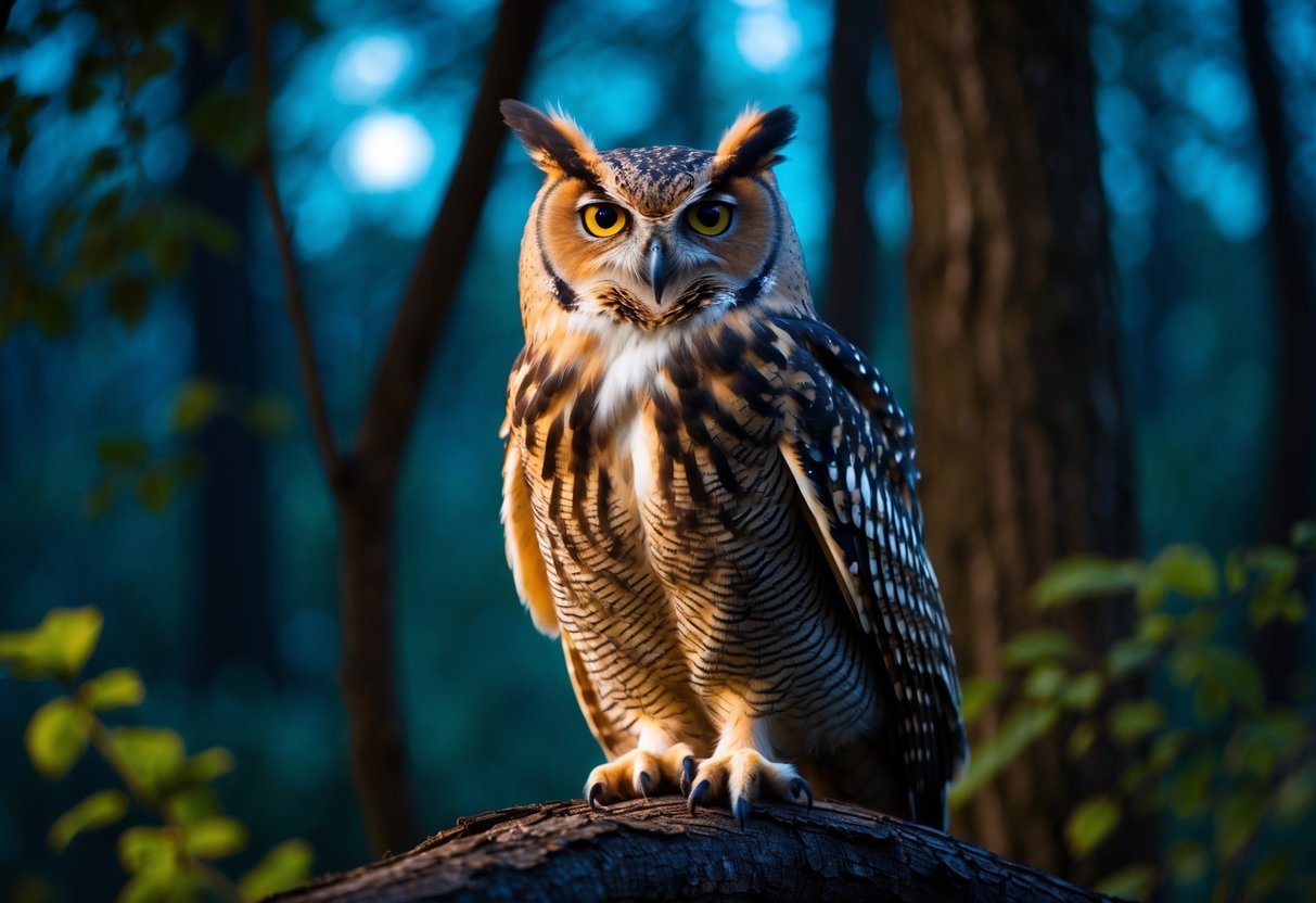 An owl perched on a tree branch in a forest, looking alert with focused eyes.