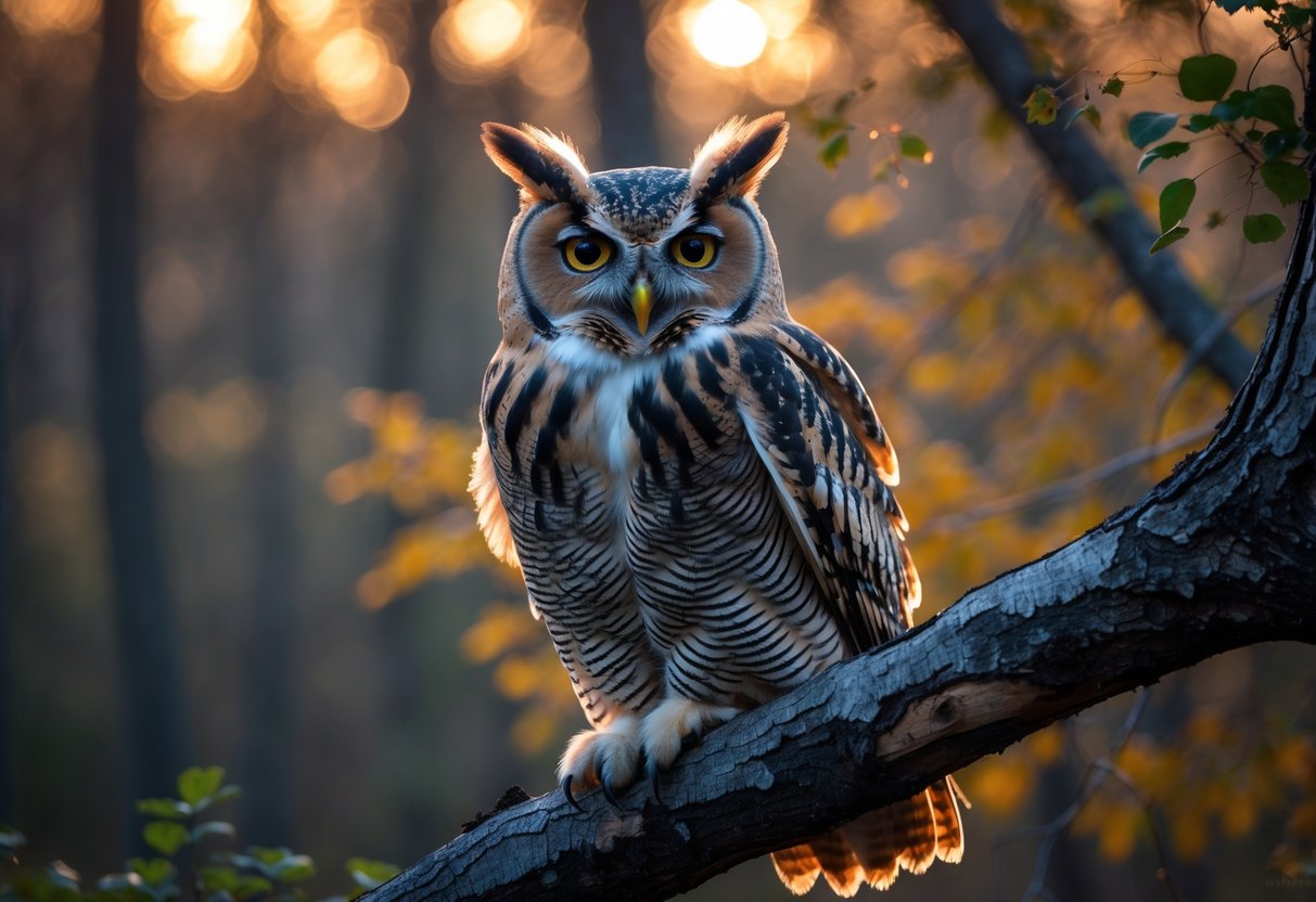An owl perched on a tree branch at dusk with its beak open as if hooting.