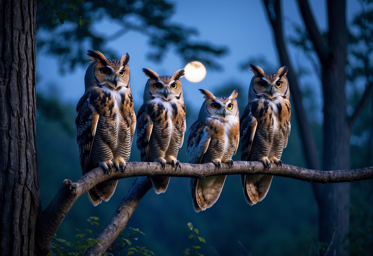 Several different species of owls perched on tree branches in a forest at twilight, some with open beaks as if hooting.