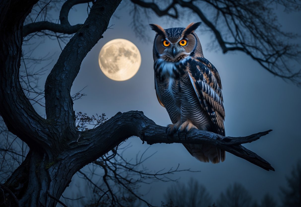 An owl with glowing eyes perched on a twisted tree branch at night under a full moon with mist swirling around.