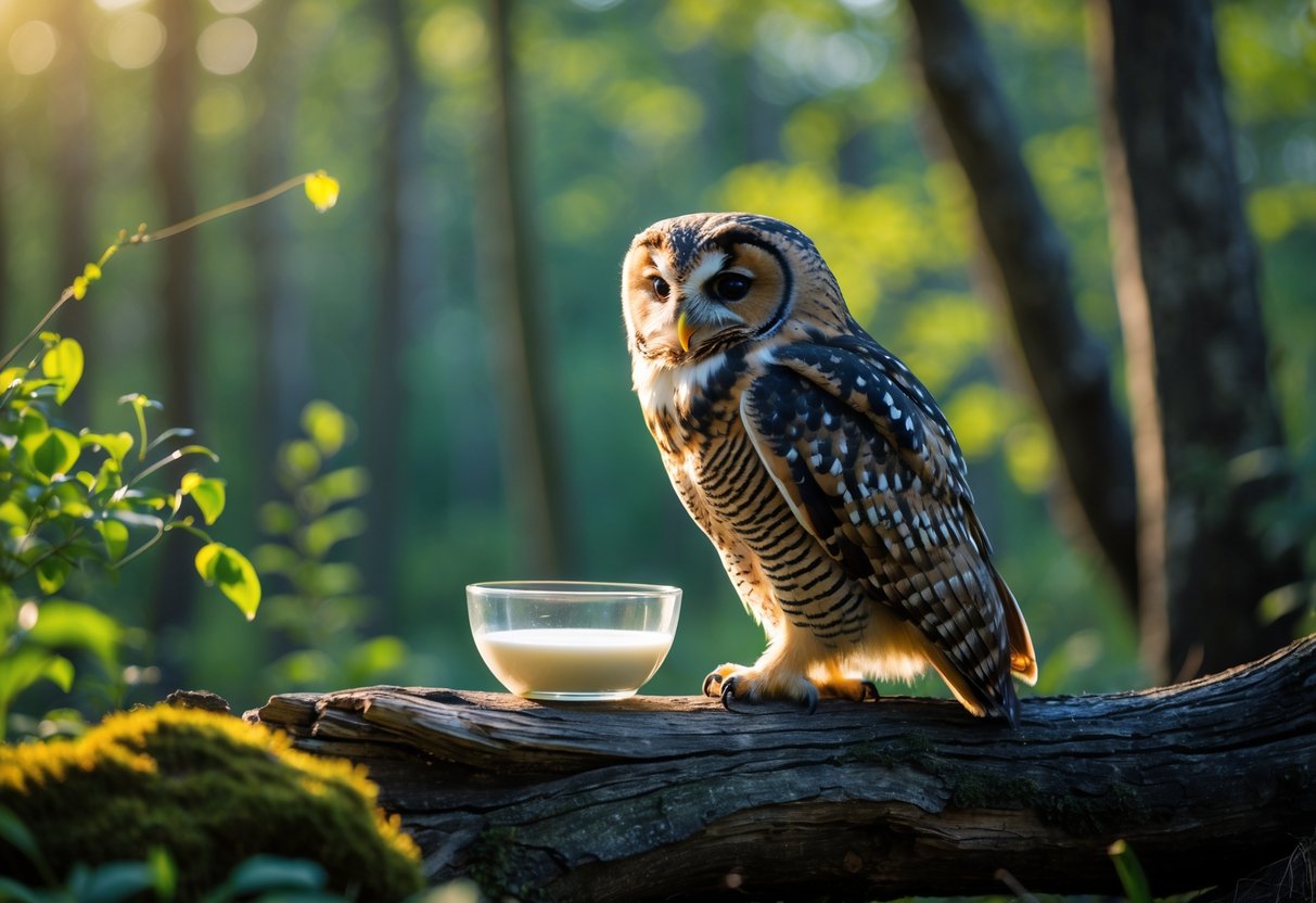 An owl perched on a branch looking at a small bowl of milk on a mossy rock in a forest.
