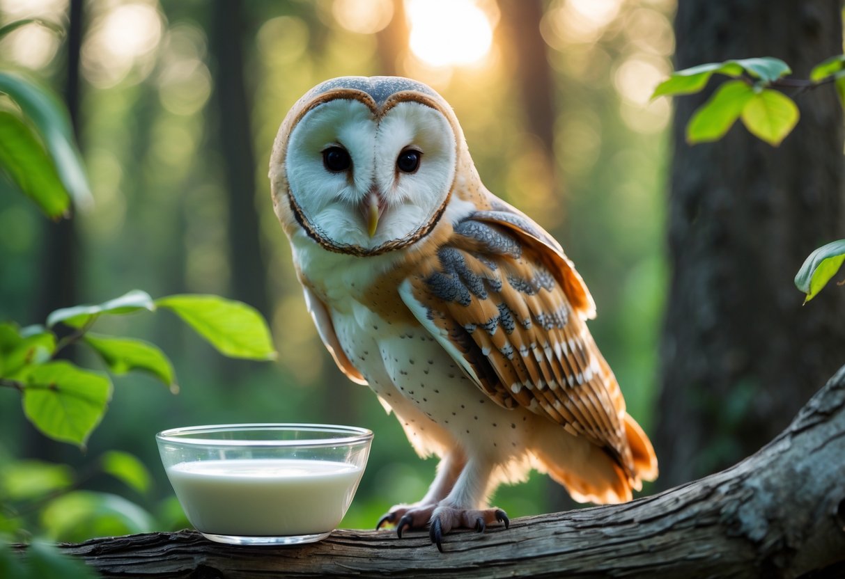 A barn owl perched on a branch looking at a small bowl of milk in a forest setting.