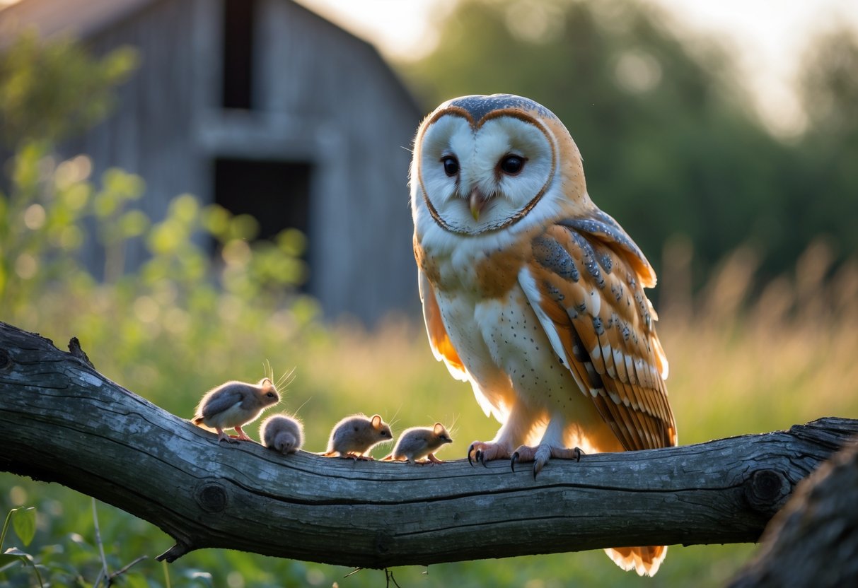 A barn owl perched on a wooden branch outdoors with small prey nearby, surrounded by greenery and an old barn in the background.
