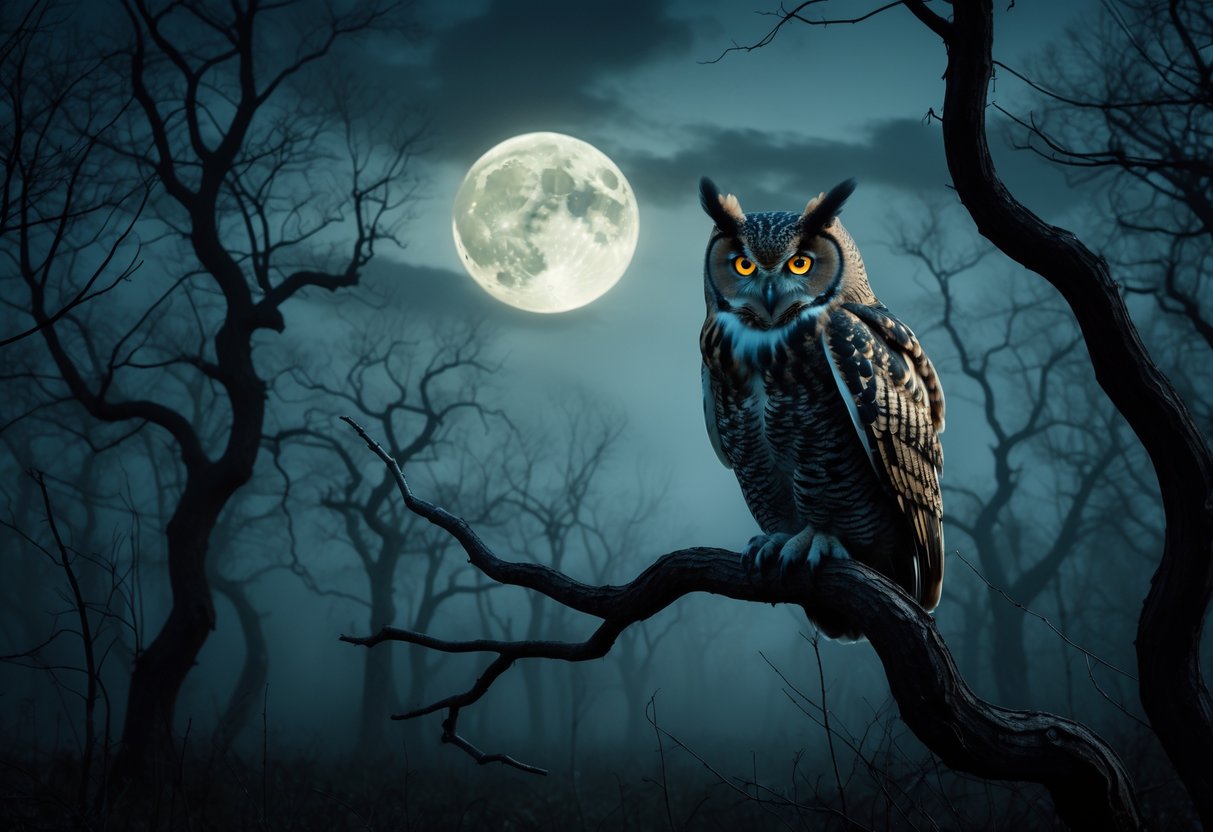 A large owl with glowing yellow eyes perched on a bare tree branch in a dark, foggy forest at night.