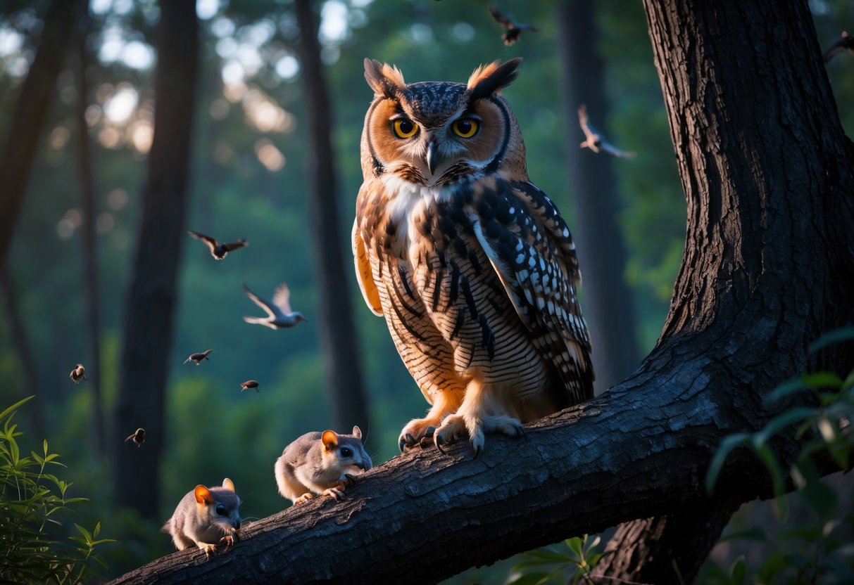 An owl perched on a tree branch in a forest at dusk, surrounded by small animals and insects.