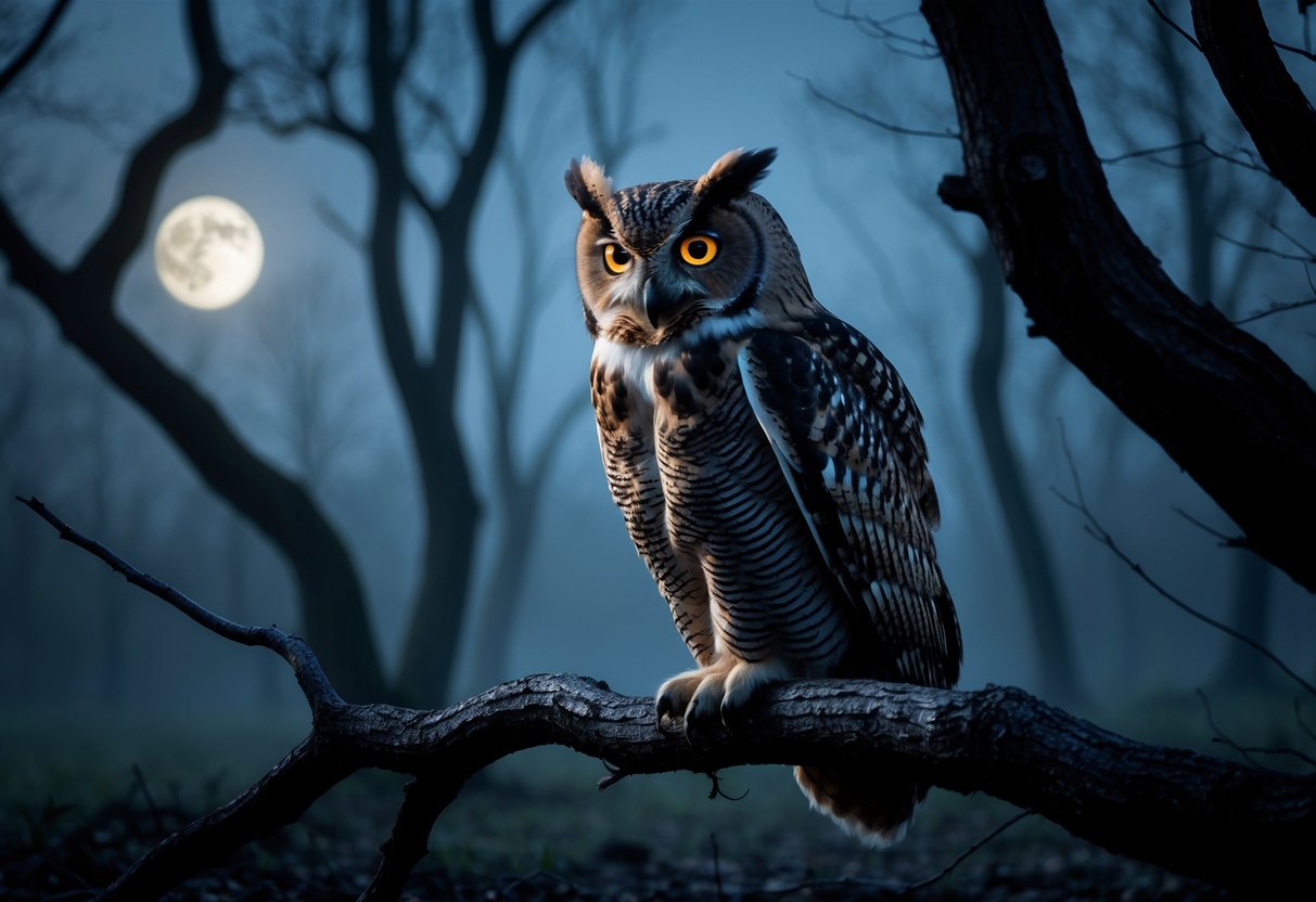 A close-up of an owl perched on a branch in a dark, misty forest at dusk.