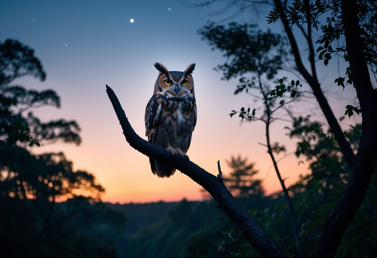 An owl perched on a tree branch at twilight with a forest background showing the transition from day to night.