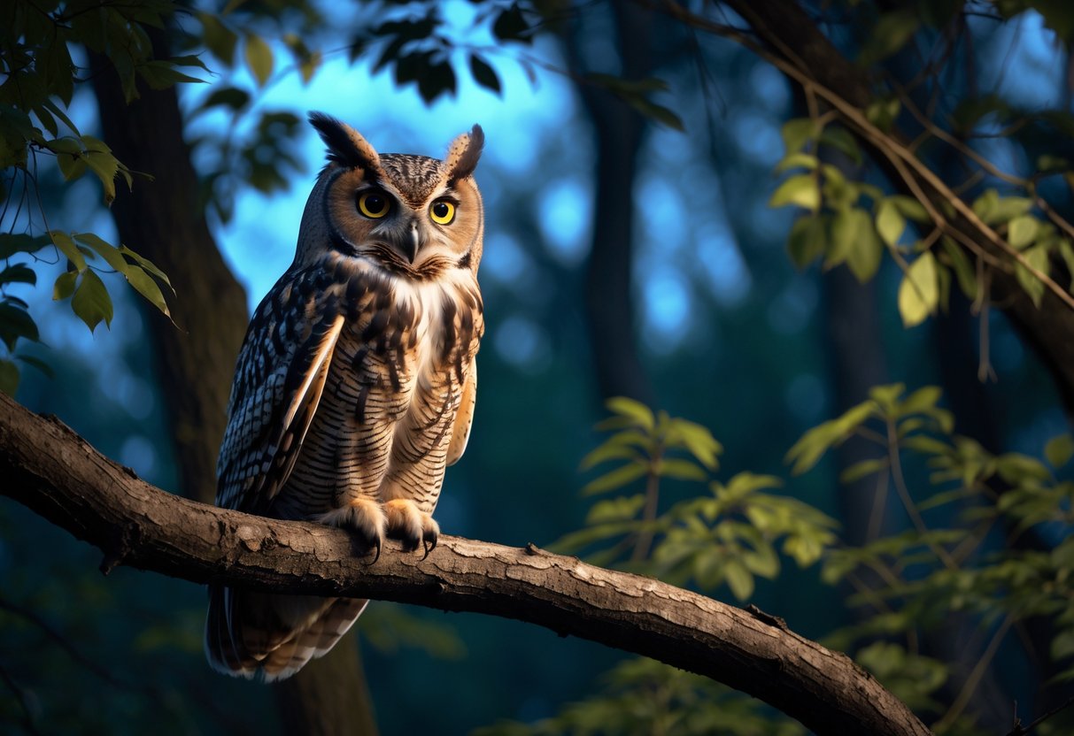 An owl perched on a tree branch in a forest at twilight, looking alert with wide eyes.