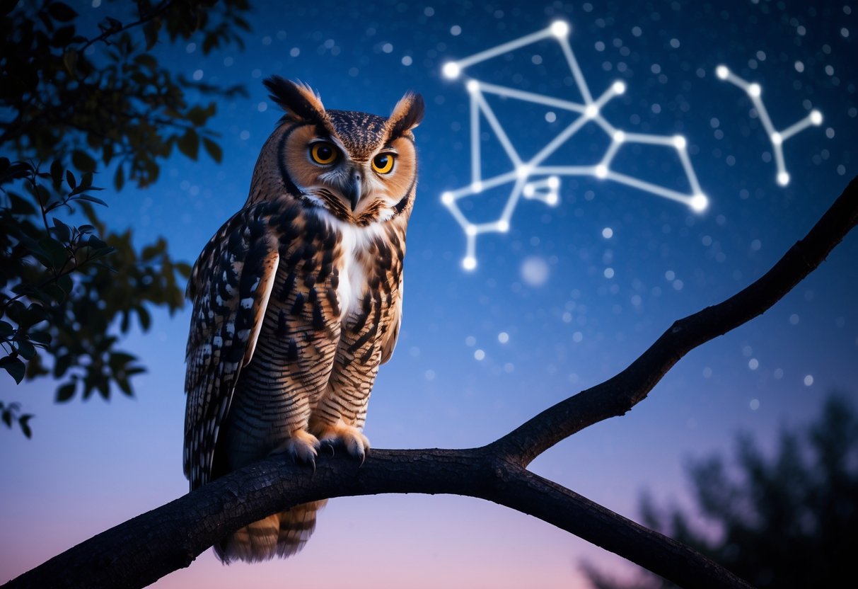 An owl perched on a tree branch at twilight with faint zodiac constellations visible in the night sky.