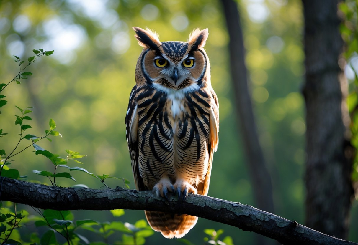 An owl perched on a tree branch in a forest, looking directly ahead with sharp eyes.
