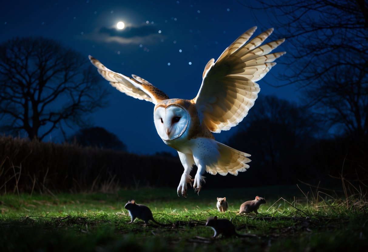 A barn owl flying at night over grass and bushes, searching for small mammals in a dark countryside setting.