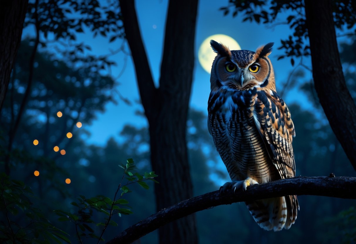 A close-up of an owl perched on a tree branch at night in a dark forest under a starry sky.