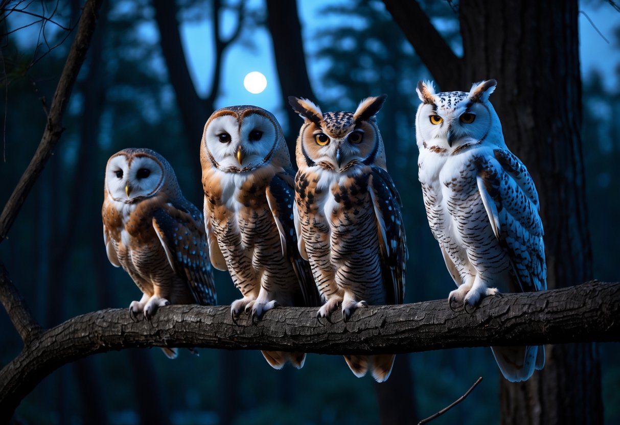 Several different owl species perched on tree branches in a forest at twilight, appearing to be calling or hooting.