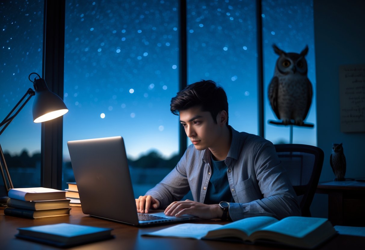 A person working on a laptop at a desk with a glowing lamp at night, with a starry sky visible through a window and an owl figurine nearby.