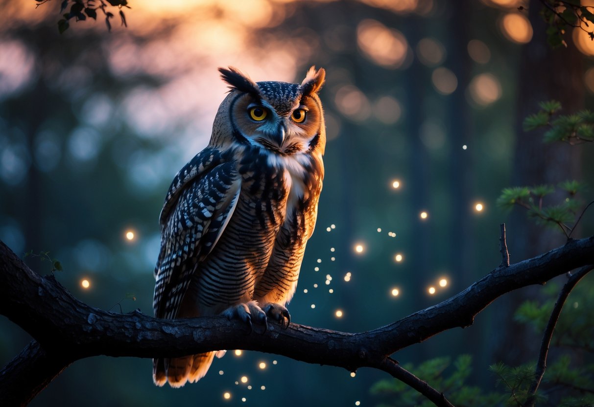 A majestic owl perched on a tree branch at twilight with glowing eyes and a forest background.